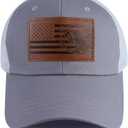 American Flag with Bass Trucker Hats for Men, Adjustable Leather Patch Mesh Fishing Baseball Cap (One Size, Grey)