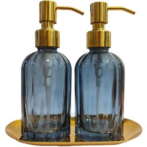 2PCS Soap Dispenser Set with Stainless Steel Tray, Thickened High-Gloss Blue Glass Bottle and Gold Stainless Steel Pump for Bathroom Kitchenblue soap Dispenser and Gift