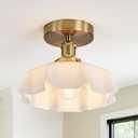 White Semi Flush Mount Ceiling Light, Brass Flush Mount Ceiling Light Vintage Light Fixtures Flower Glass Light Fixtures, Farmhouse Flower Ceiling Light for Kitchen Dinning Room Porch, Bedroom