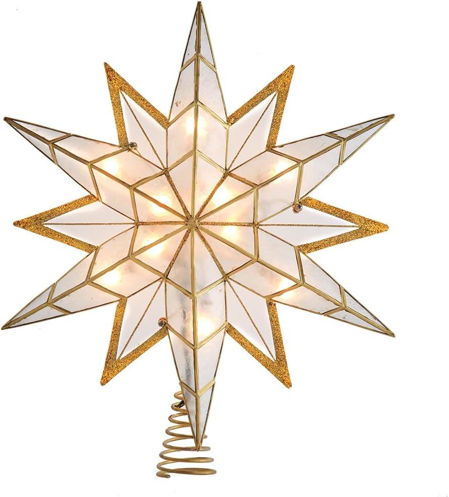 Kurt S. Adler 14 Inch UL 10-Light Capiz Star with Gold Glitter Finish Tree Top