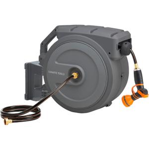 Giraffe Tools Retractable Hose Reel 1/2 in x130 FT PRO Metal Bracket Wall Mounted Heavy Duty Hose Reel with 9 Pattern Nozzle 180 Deg Swivel, Metal Bracket Any Length Lock (1/2 130FT PRO, Dark Grey)