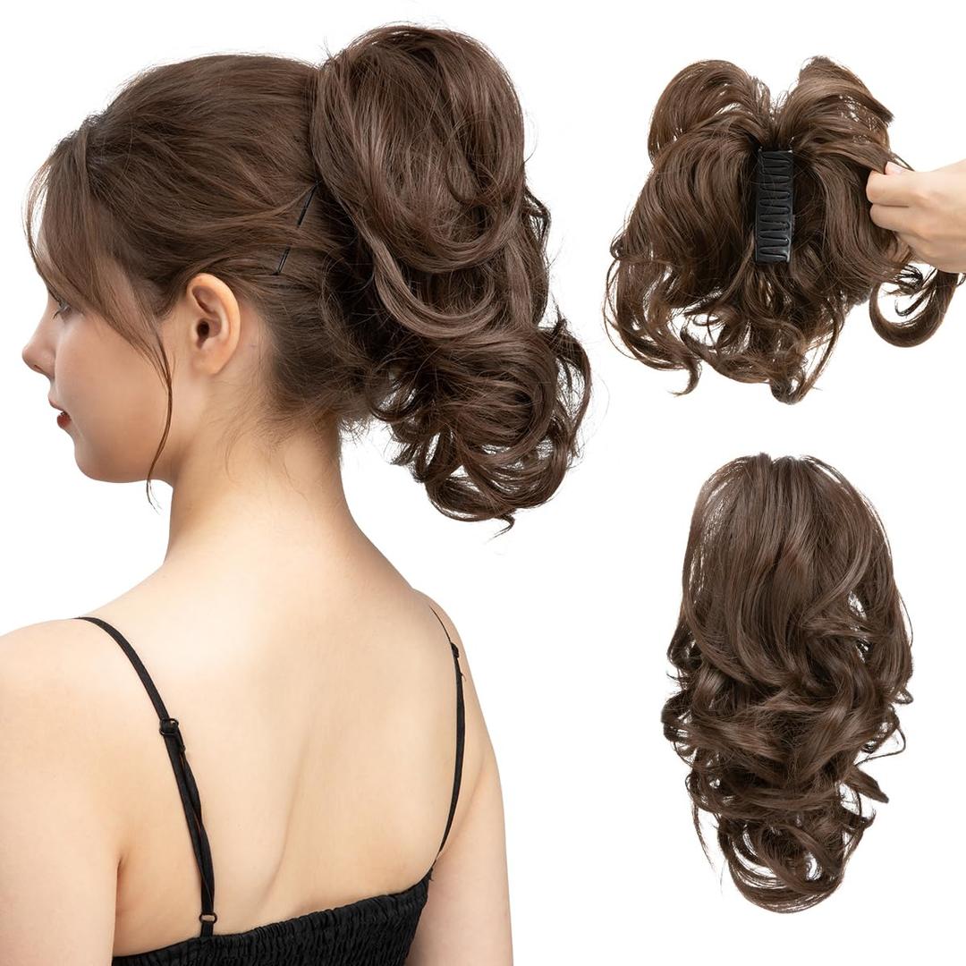 CJL HAIR Claw Clip Short Ponytail Hair Extensions DIY Bendable Metals Messy Bun Hair Piece for Women Wavy Curly Synthetic Fake Hairpieces Medium Brown