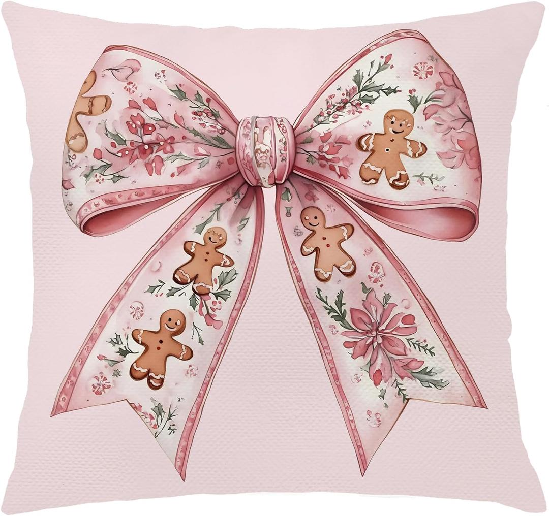 Coquette Preppy Pink Christmas Gingerbread Bow Decor Pillow Covers 18x18,Girly Pink Floral Christmas Xmas Decorative Throw Pillow Covers for Girls Room Dorm Home