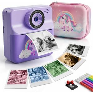 Kids Camera Instant Print with Carrying Case, Digital Selfie Camera with 6 Rolls Print Paper, 5 Monochrome Colors, 32GB SD Card, Portable Toddler Camera for Girls 3-12, Christmas Birthday Gift