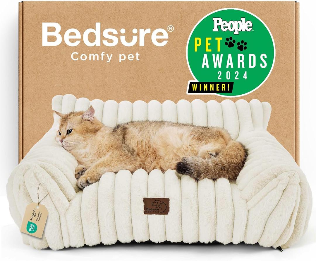 Bedsure ComfyFleece Cute Cat Couch for Pets - As Seen on TV on Good Day New York, Fuzzy Cats beds for Indoor Cats with Removable Washable Cover, Supportive Pet Sofa, 24inch, Cream
