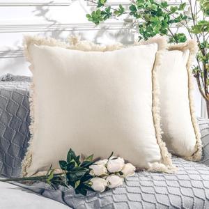 NEXHOME PRO Boho Throw Pillow Covers for Couch Set of 2 20"x20", Handmade Decorative Linen Pillow Covers for Bed, Sofa, Living Room, Farmhouse Fringed Cushion Covers, Beige (Insert Not Included)
