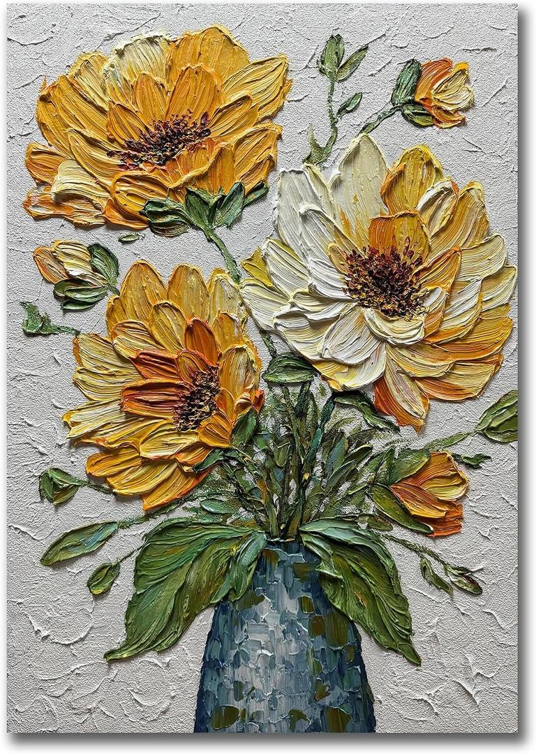 V-inspire Art Hand-Painted Oil Painting, Yellow Floral Bouquet Canvas Wall Art, 28x40 Inch, Modern Abstract Decor