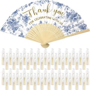 Beeveer 50 Pcs Wedding Foldable Hand Fans Wedding Party Favor with Bag Something Blue Before I Do Handheld Fans Thank You for Celebrating with Us for Bridal Shower Bridesmaid Gift(Blue White Flowers)
