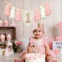Boho Daisy Highchair Banner 1st Birthday Decorations Girl for First Birthday Decorations Set with Handmade Cake Topper Crown Hat