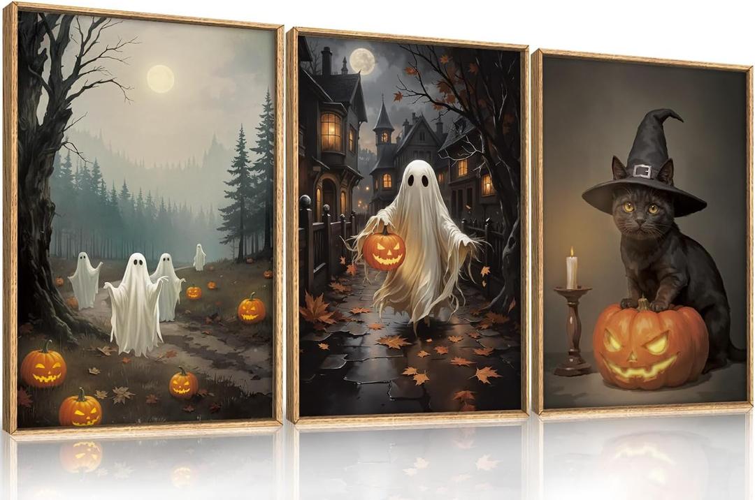 Spooky Halloween Ghost Lighted Pumpkin Framed Canvas Wall Art Set,Gothic Inspired Cute Black Cat Witch Hat Wall Decor,Vintage Foggy Forest Castle Artwork for Living Room, Bedroom-16 x24 x3