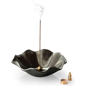 6 Inch Incense Holder with 3 Copper Incense Sockets Lotus Incense Holder for Sticks Modern Insence-Stick Holder for Meditation, Yoga, SPA, Home Decor, Black