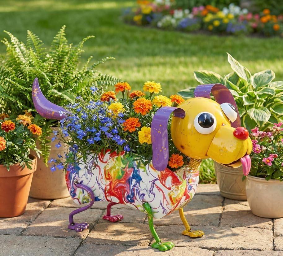 Colorful Metal Dog Planter with Wobbly Head and Colorful Body, Paint Marble Pattern, Outdoor Garden Decor, Indoor Animal Home Decoration Staue, Yard Art Ornament, Flower Pot