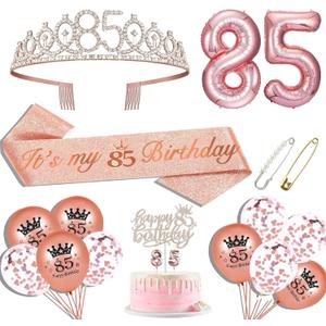 Hysilla 85th Birthday Sash and Tiara for Women - Rose Gold Set With Sash, Crown, Cake Topper, Balloons, Pin and Candle