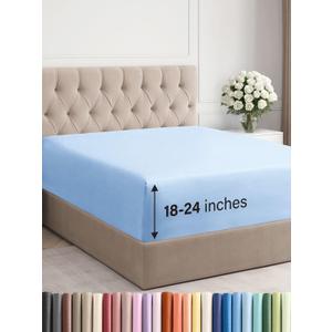 Extra Deep Queen Fitted Sheet - Hotel Luxury Single Fitted Sheet Only - Easily Fits 18 inch to 24 inch Mattress - Ultra Soft, Wrinkle & Fade Free w/Extra Deep Pocket - Breathable & Comfy - Light Blue (19 - Baby Blue)