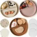 Moonkie Suction Plates for Baby | 100% Silicone BPA-Free Baby Plates with Lids and Food Cover | Divided Design | Microwave and Dishwasher Safe | Toddler Plates 3 Pack (3Pcs-Shifting Sand/Blush/Buck)