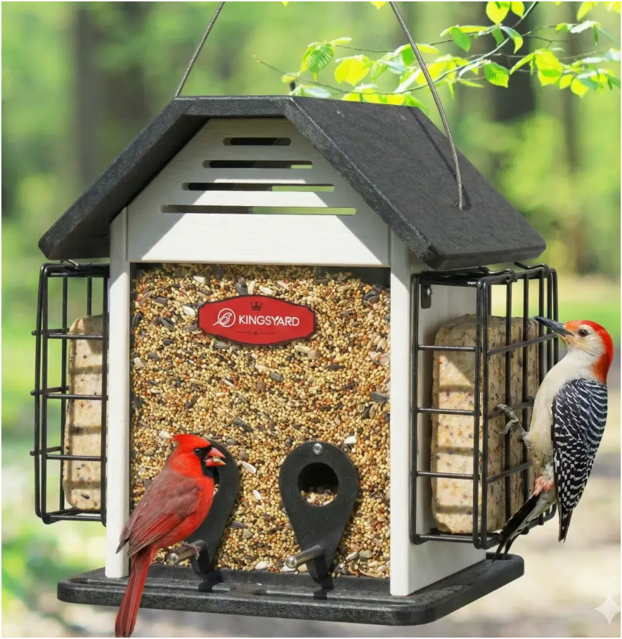 Kingsyard Bird Feeder for Outdoor Hanging, WPC Composite 3 in 1 Mixed Seeds Suet Feeder, Double Suet Cages Mesh Sunflower Bird Feeder, 3 LBS Large Capacity for Finch Cardinal Chickadee, White