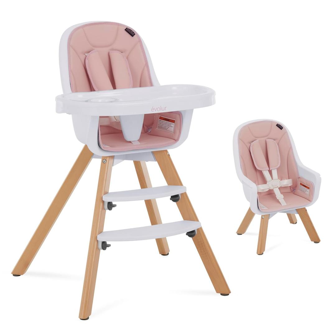 Evolur Zoodle 2-in-1 High Chair for Baby & Toddler Convertible High Chair to Toddler Chair, Padded Seat, 5-Point Safety Harness, Dual Dishwasher-Safe Trays, Solid Beechwood Legs Pink