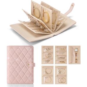 Vlando Travel Jewelry Organizer Case,Jewelry Storage Book Ring Binder with Clear Zipper Velvet Pouch Bag for Travel Essentials,Rings,Necklace,Earrings,Bracelets,Brooches,Gifts for Women-Sand Pink