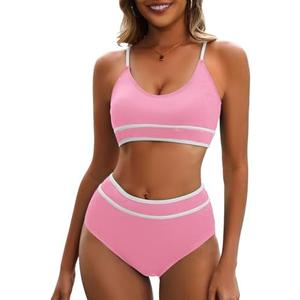 Century Star High Waisted Bikini Sets for Women Sporty Two Piece Swimsuit Ribbed Color Block Bathing Suit, XL, Pink