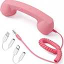 Retro Phone Handset for Cell Phone Wired Vintage Telephone Receiver with 3.5mm Jack, Includes USB-C & Lightning Adapters, Built-in Microphone & Speaker, Fun Desk Accessory (Pink)