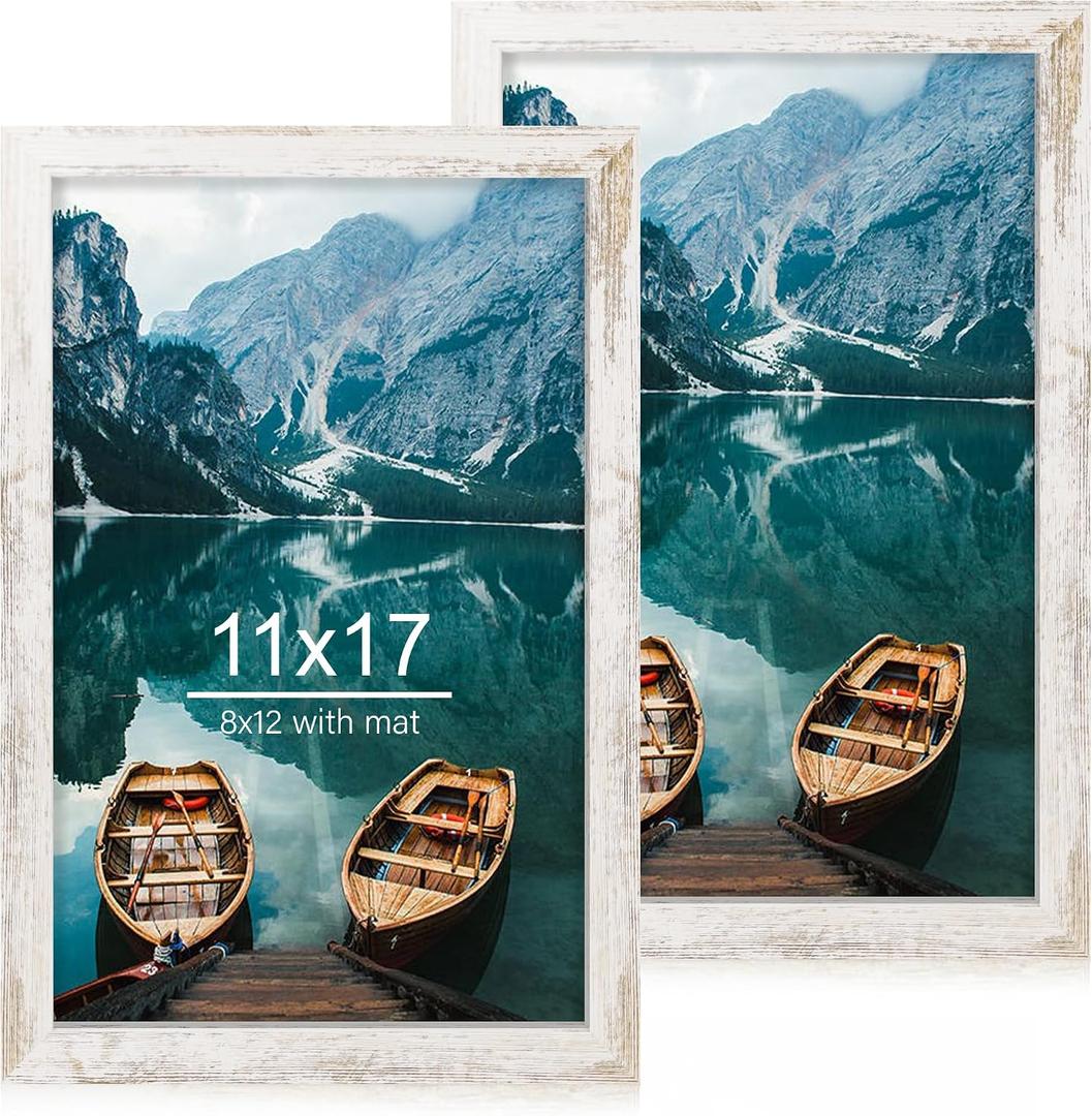 Hongkee 11x17 Frame Set of 2, Distressed White Wood Style - Display 11 x 17 Poster without Mat or 8x12 Picture with Mat, Wall Mounting Horizontal and Vertical
