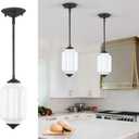 Vintage Milk Glass Pendant Light, 5.5" Semi Flush Mount Pendant Light, Black Finish Milk Glass Hanging Light Fixture for Kitchen, Dining Room, Bedroom, Hallway, Bathroom(White, 1 Pack)