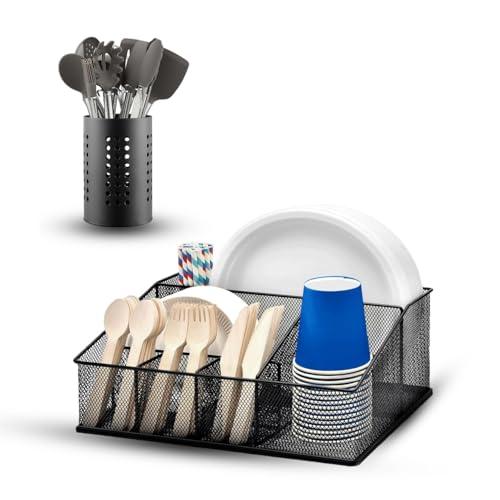 SHASABALI Paper Plate Organizer with Utensil Holder 6 Compartment Metal Paper Plate Dispenser for Plates, Cups, Napkins, Cutlery Countertop Silverware Party Holder for Kitchen, Party, BBQ & Camping