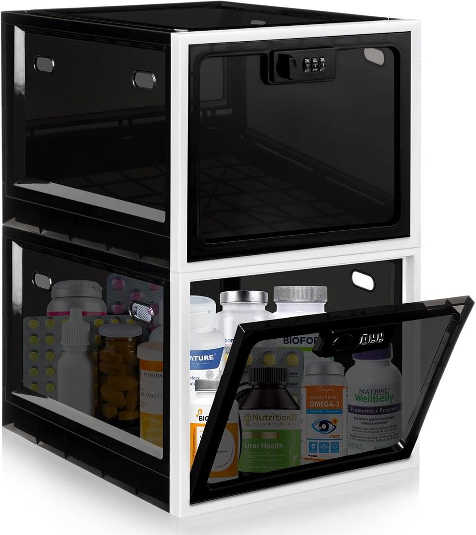 Gemaxvoled 2 Pack Medicine Lock Box, Large Capacity Premium Material Lockable Storage Bin Organizer Box with Combination Code for Safe Medication/Fridge Food/Snacks/Phone/Tablet Jail(Black)