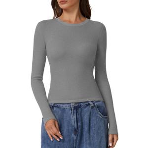 QINSEN Long Sleeve Shirts for Women Crewneck Rib Knit Slim Fit Going Out Tops Casual Basic Tee (XS)
