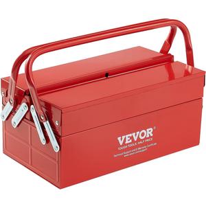 VEVOR Metal Tool Box, 14-inch, 2-Tier 3-Tray Portable Folding Tool Chest Organizer with Handle & Lock Hole, Powder Coated Steel, Cantilever Toolbox for Household Factory Warehouse Repair Shop, Red