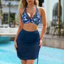 RXRXCOCO Mesh Halter High Waisted Bikini Sets for Women Tummy Control Swimsuits Two Piece Bathing Suits with Skirt Blue Floral, X-Large (Blue, XXXL)