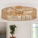 24" Natural Rattan Flush Mount Ceiling Light Fixture Antique Brass Brush Paint Finish Boho Chandelier for Porch Patio Hallway Bedroom Living Room Kitchen Island 5-Light