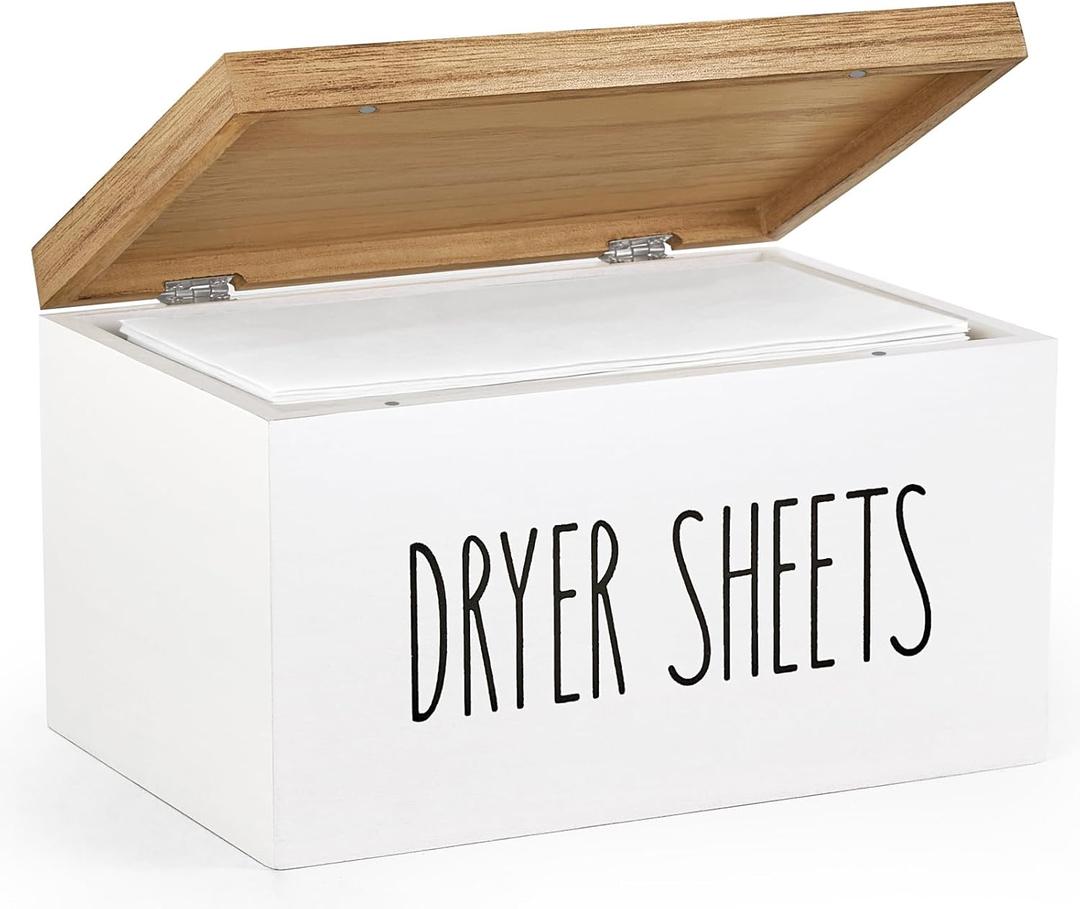 Dahey Dryer Sheet Holder with Lid Wooden Laundry Sheet Container Dispenser for Farmhouse Laundry Room Organization Decor, Versatile Storage Box for Softener Pods and Accessories, White
