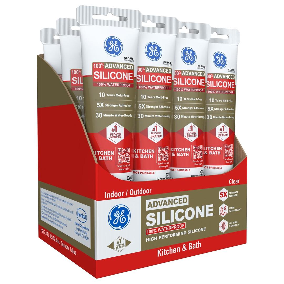 GE Advanced Silicone Caulk for Kitchen & Bathroom, Clear, 2.8 fl oz Tube, 12 Pack - 100% Waterproof Silicone Sealant, 5X Stronger Adhesion, Shrink & Crack Proof, Use By 09/26