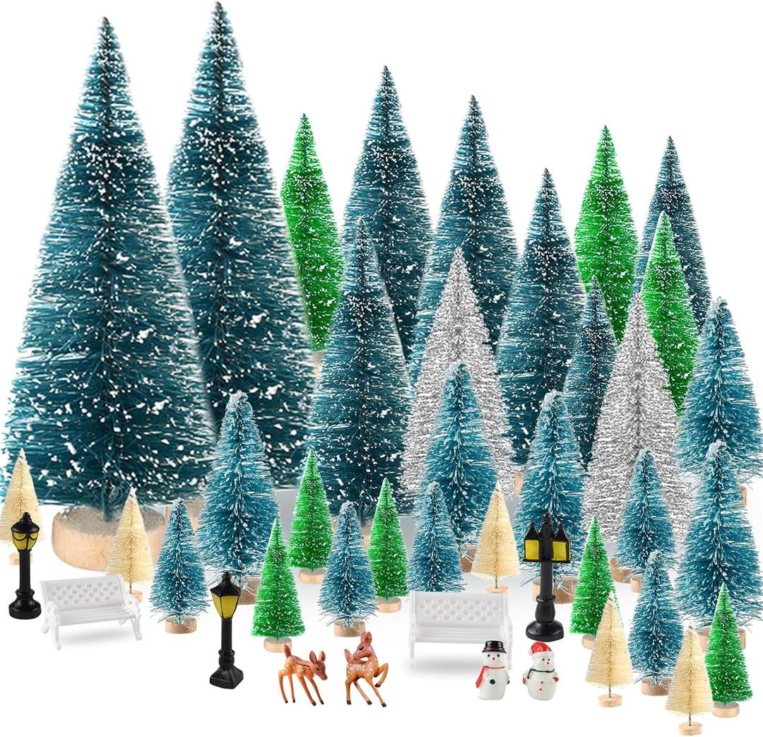 Mini Christmas Tree 35PCS Christmas Village Sets with Crafts Reindeer Snowmen Benches Street Lamp for Xmas Decorations Indoor Party Home Table Craft (Multicolor)