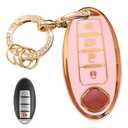 WENHENI Keyless Entry Systems Key for Nissan Key Fob Cover Shell with Keychain Fit for Nissan Altima Maxima Rogue Armada Pathfinder Smart Key (4Buttons Gold-Pink)