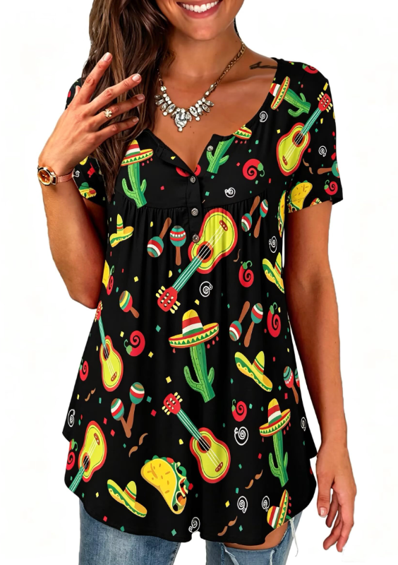 Roshop Tunics Women Button Up Henley V-Neck Loose Fit Cinco de Mayo Fiesta Print Shirt Tops L