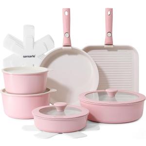SENSARTE 17 Piece Ceramic Pots and Pans Set, Nonstick Detachable Handle Cookware, Induction Kitchen Cookware Set with Removable Handle, Dishwasher  Oven Safe (Pink)