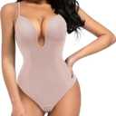 Decorus Women's Low Back Shapewear Tummy Control Deep V Neck Backless Body Shaper Plunge Thong Bridal Bodysuit Built in Bra (X-Large, Pink)