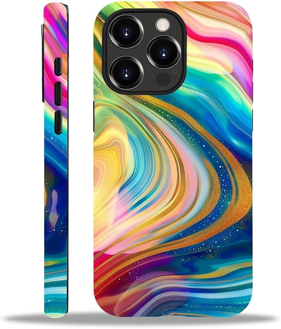 for iPhone 14 Pro Max Glossy Case for Girl Boy Full Body Design Soft Silicone Drop Shock Scratch Protection Fashion Pattern Golden Glitter Rainbow Colored Swirls