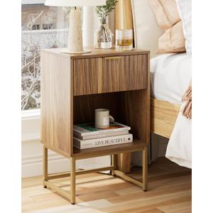 Masupu Fluted Nightstand,Modern Night Stand Wood Bedside Table with Storage Drawer Side End Table for Bedroom,Living Room,Office,Walnut Brown