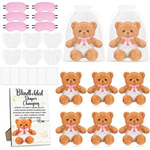 25 Pack Baby Shower Games Blindfold Diaper Changing Kit - 12 Inch Bear Dolls with Diapers, Fun Bridal Shower & Gender Reveal Games Supplies, Group Activity for Adults(Pink)