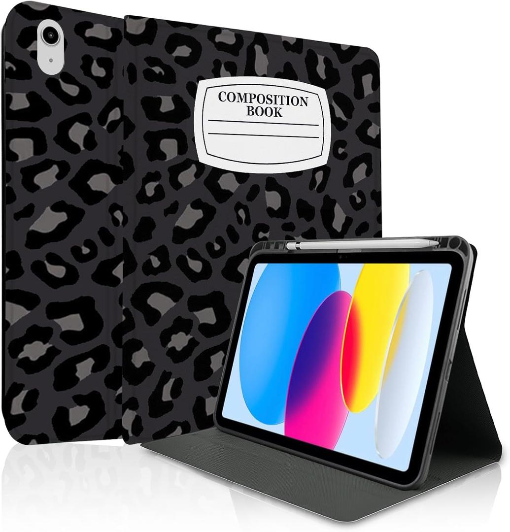 TopPerfekt Case for iPad 11th (A16) 11-inch 2025 / 10th Generation 10.9-inch 2022, Stand Folio Case Cover with Pencil Holder for Kids,Boys,Girls,Anti-Slip and Anti-Shock -Notebook Leopard Black Gray
