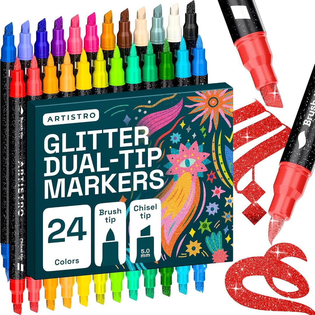 ARTISTRO 24 Sparkly Glitter Dual-Tip Paint Pens  Dazzling Markers with Acrylic Ink for Rock, Ceramic, Wood, Fabric, & More  Brush + Chisel Tips