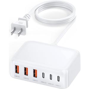 USB C Charger Block, 100W GaN 6 Port PD USB C QC USB A Wall Charger Adapter Plug Cube, Super Fast Type C Charging Station Hub for iPhone 17 16 15 14 13 Pro Max iPad Samsung Pixel 5ft Extension Cord