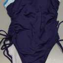 Yonique Women Strapless One Piece Swimsuit Tummy Control Bandeau Bathing Suit Cheeky Swimwear Navy Blue Color Block S