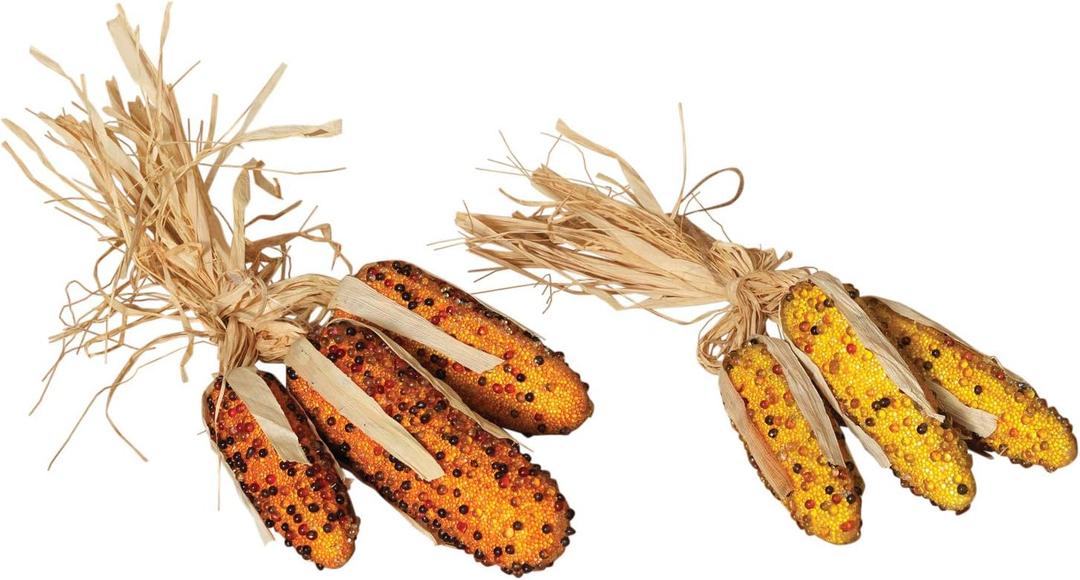 Set of 6 Glass Beaded Decorative Indian Corn - 5.5 Inches High Each - 2 Raffia Tied Sets in Gold and Orange Hues