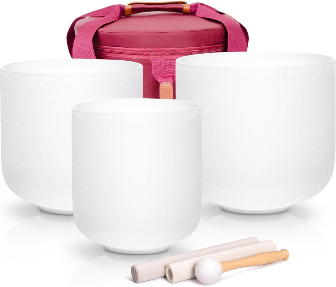 Alioth (6"G+7"C+8"E) Set of 3 Crystal Singing Bowls with Sturdy Carrying Case and Singing Bowl Mallets