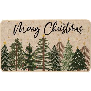 Baccessor Merry Christmas Doormat, Christmas Trees Xmas Winter Snowy Forest Pine Tree Welcome Door Mat Non-Slip Rubber Entrance Floor Front Porch Indoor Outdoor Seasonal Holiday Decor 17x29 Inch