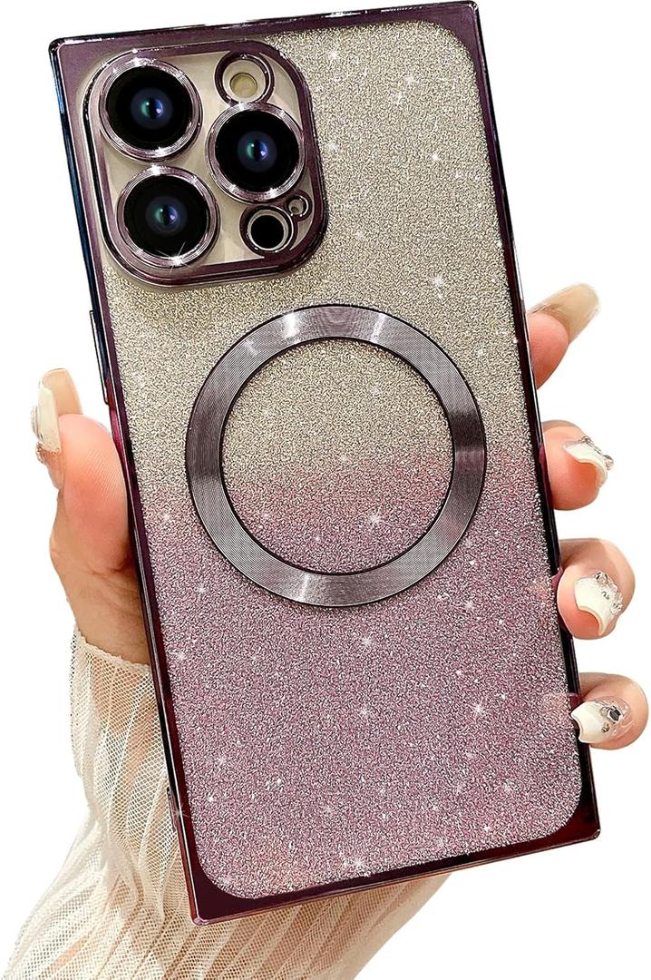 Designed for iPhone 14 Pro Case,[Compatible with MagSafe] Luxury Plating Cute Bling Clear Case for Women Girls with Camera Lens Protector Shockproof Bumper Cover 6.1", Deep Purple